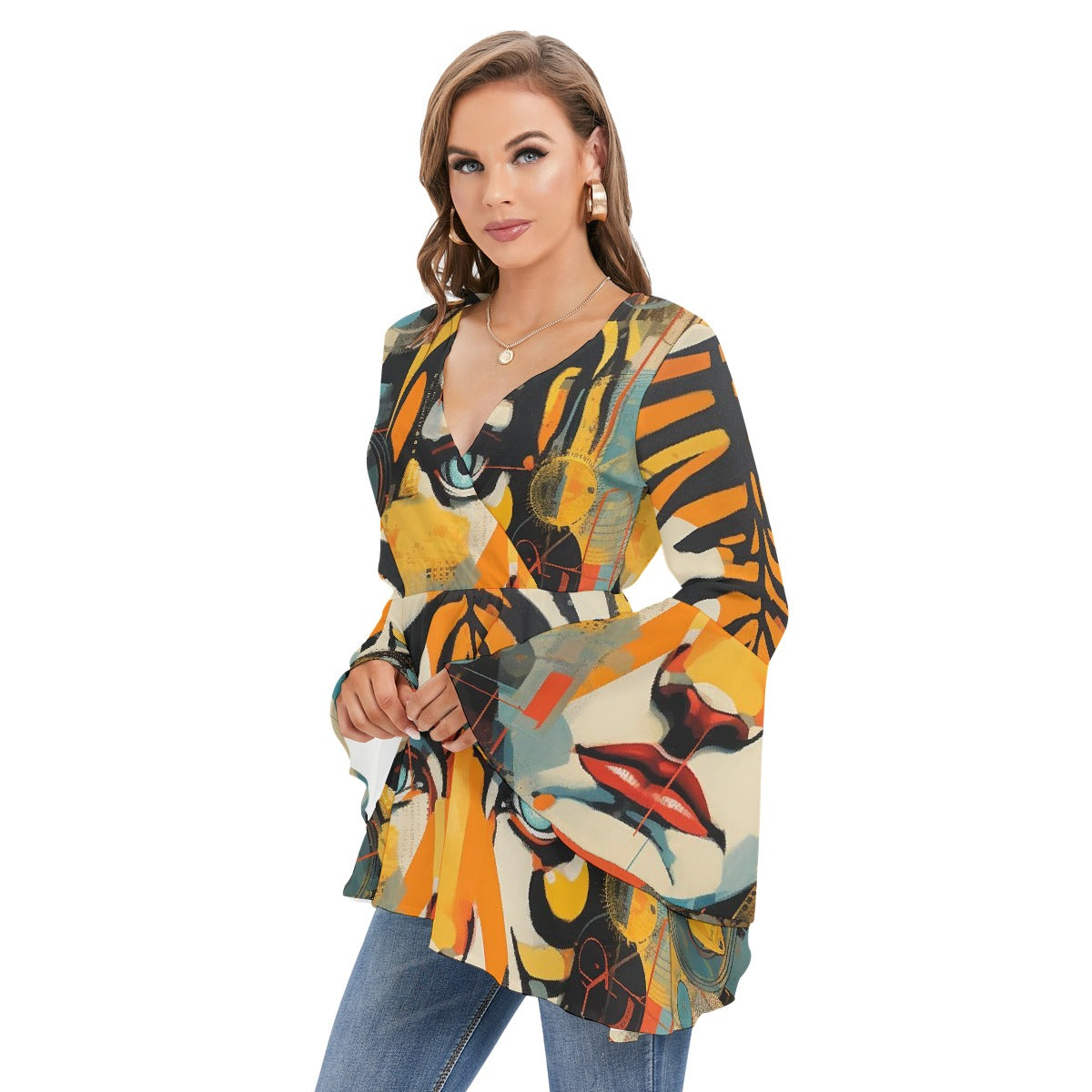 All-Over Print Women's V-neck Blouse With Flared Sleeves
