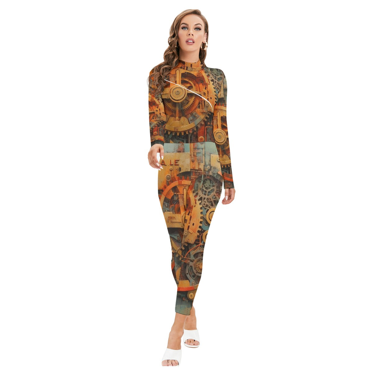 All-Over Print Women's Long-sleeved High-neck Jumpsuit With Zipper
