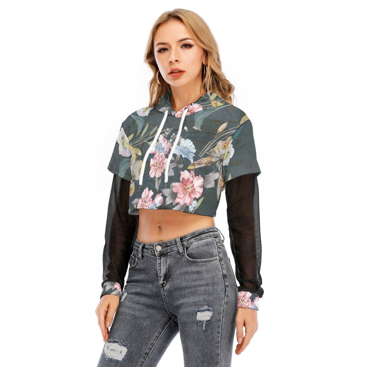 All-Over Print Women's Fake Two-piece Mesh Sleeve Cropped Hoodie