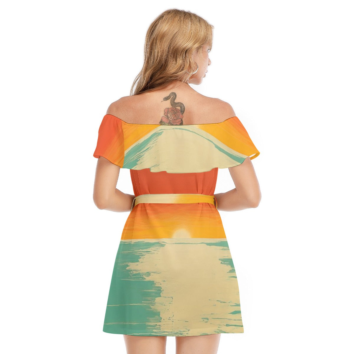 All-Over Print Women's Off-shoulder Dress With Ruffle