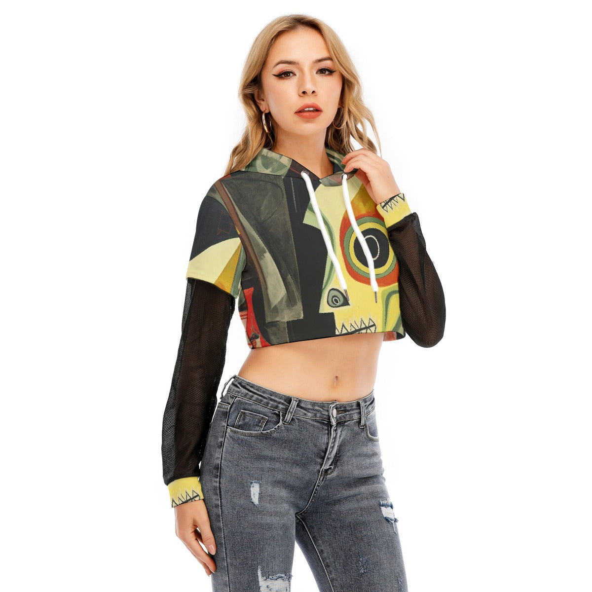 All-Over Print Women's Fake Two-piece Mesh Sleeve Cropped Hoodie