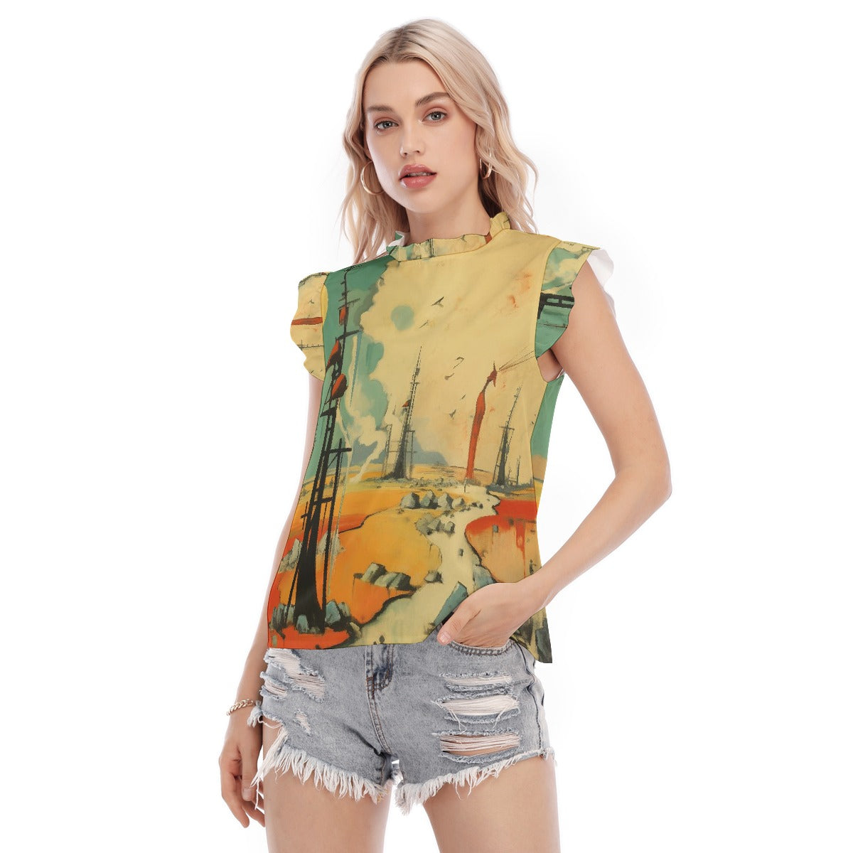 All-Over Print Women's Blouse With Ruffle Collar And Sleeve