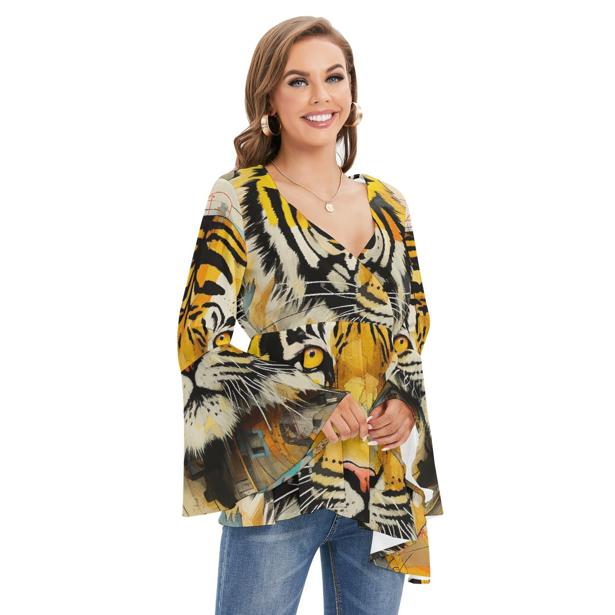 All-Over Print Women's V-neck Blouse With Flared Sleeves