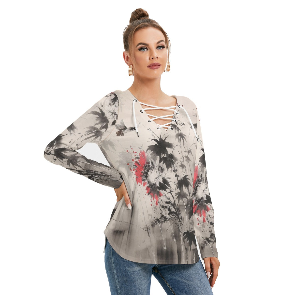All-Over Print Women's Long Sleeve Neckline Tie Sweatshirt