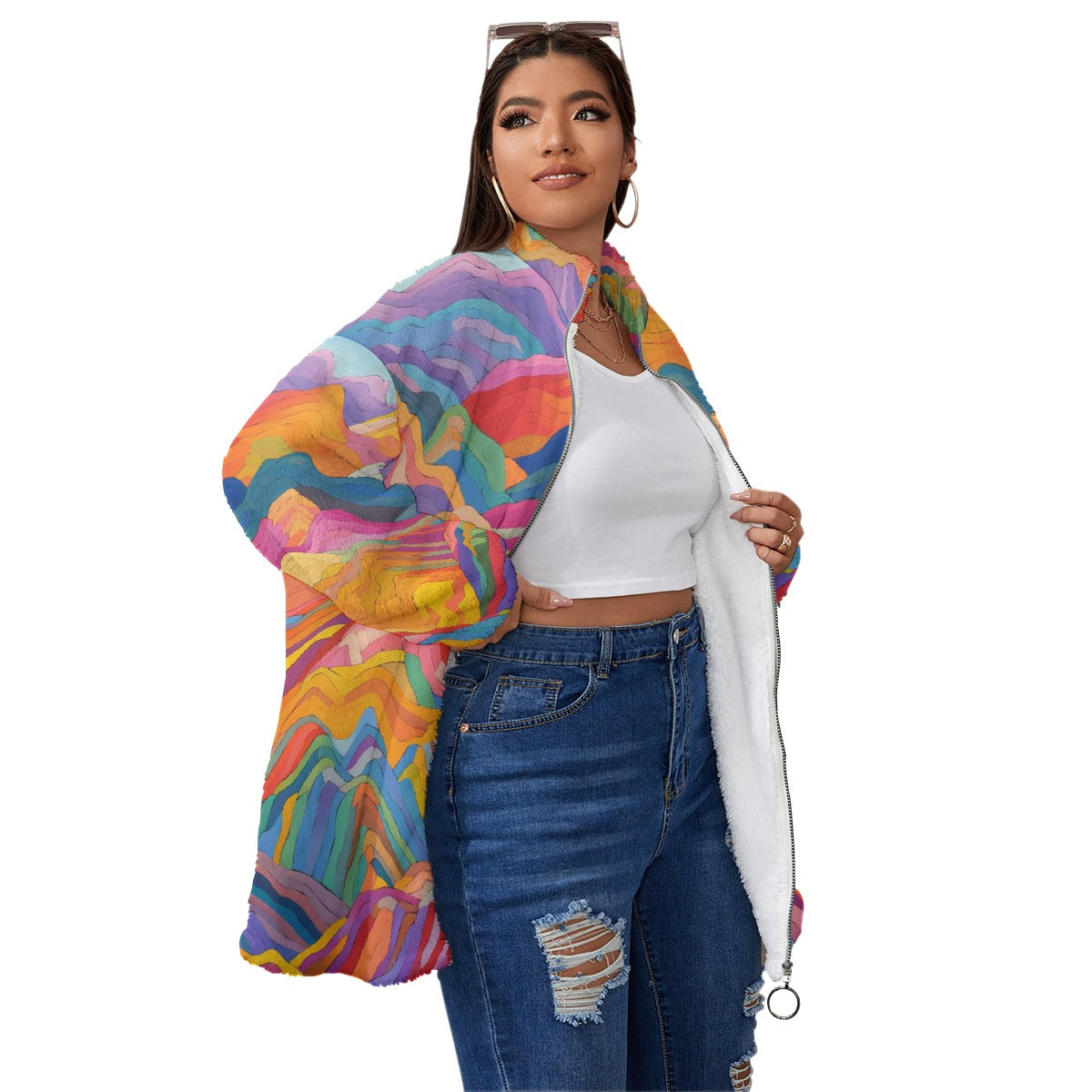 All-Over Print Unisex Borg Fleece Stand-up Collar Coat With Zipper Closure(Plus Size)