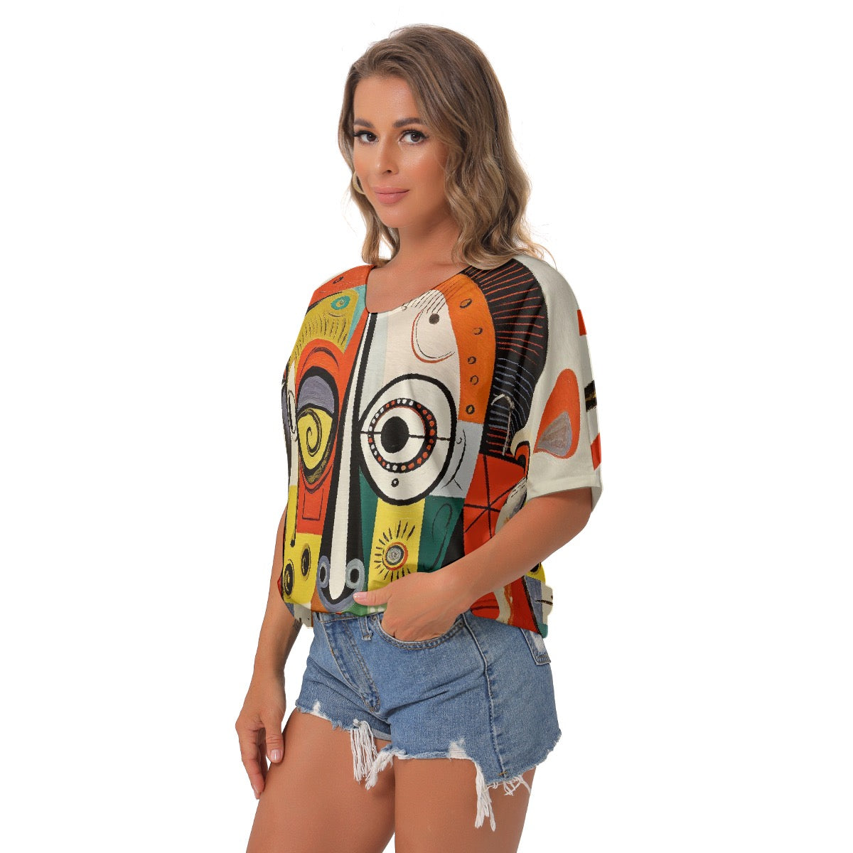 All-Over Print Women's Bat Sleeves V-Neck Blouse