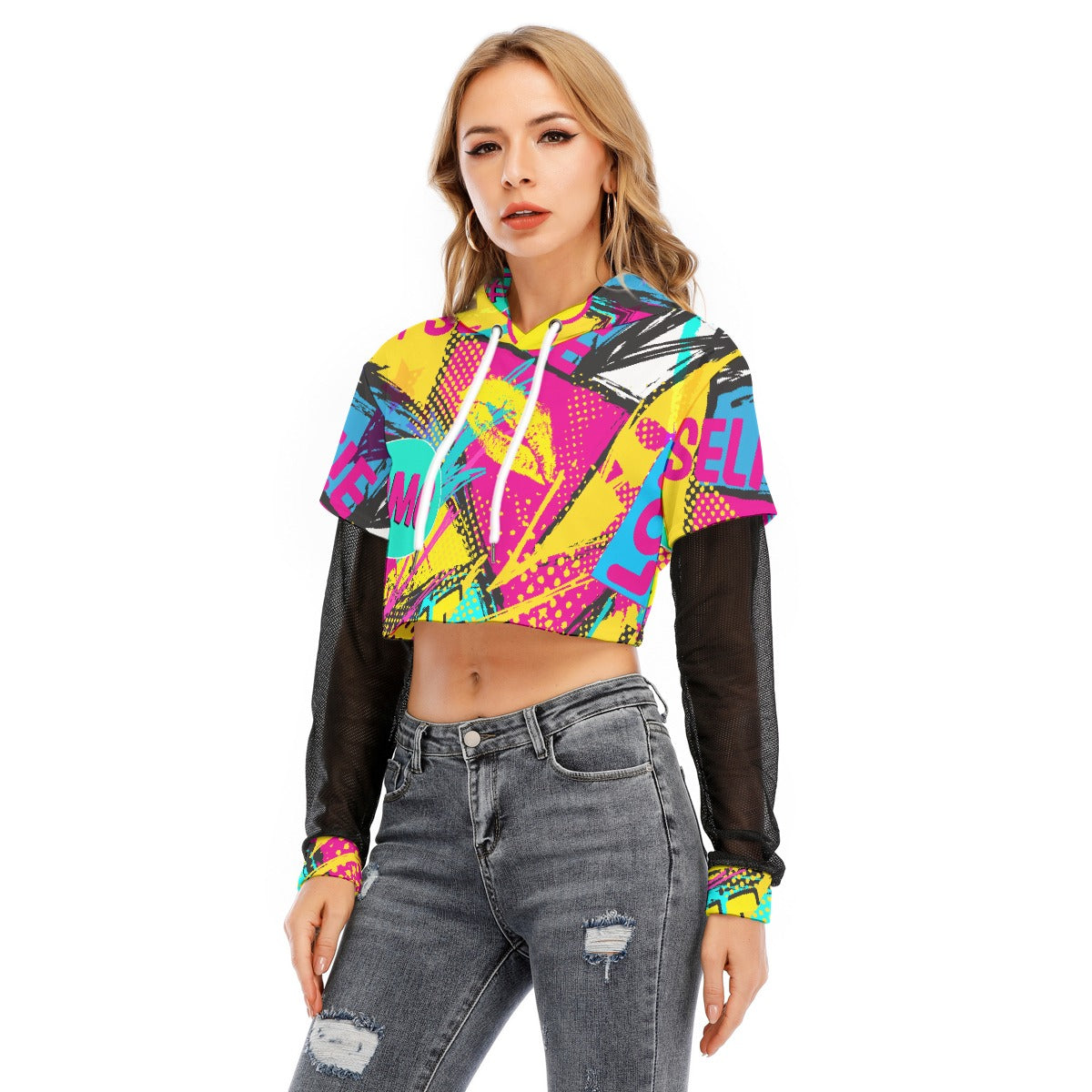 All-Over Print Women's Fake Two-piece Mesh Sleeve Cropped Hoodie