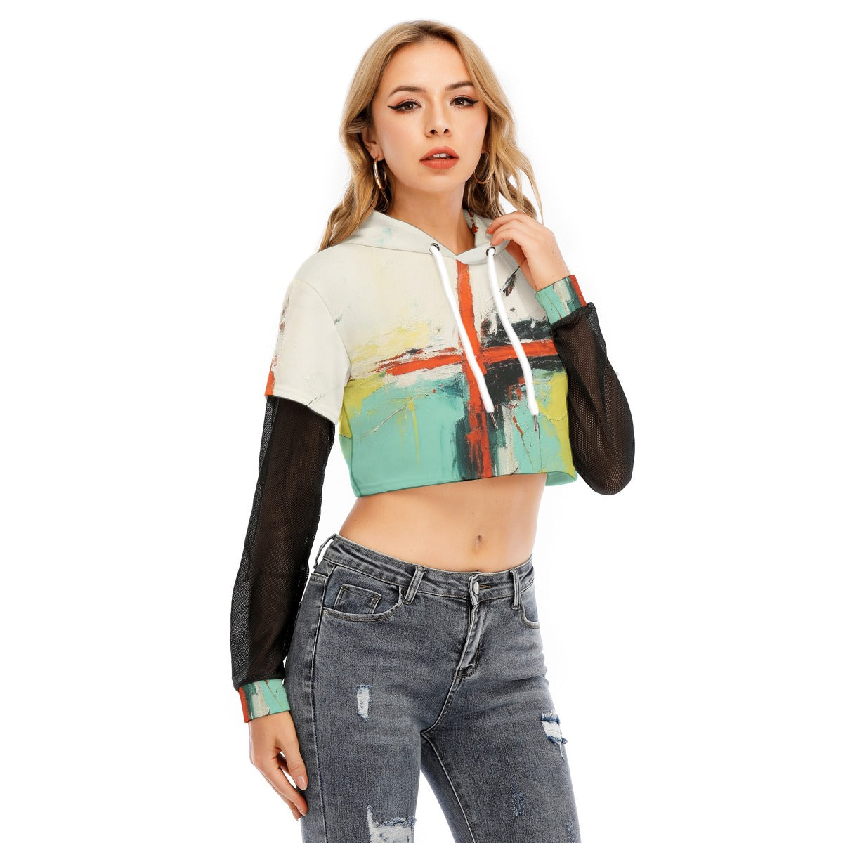 All-Over Print Women's Fake Two-piece Mesh Sleeve Cropped Hoodie