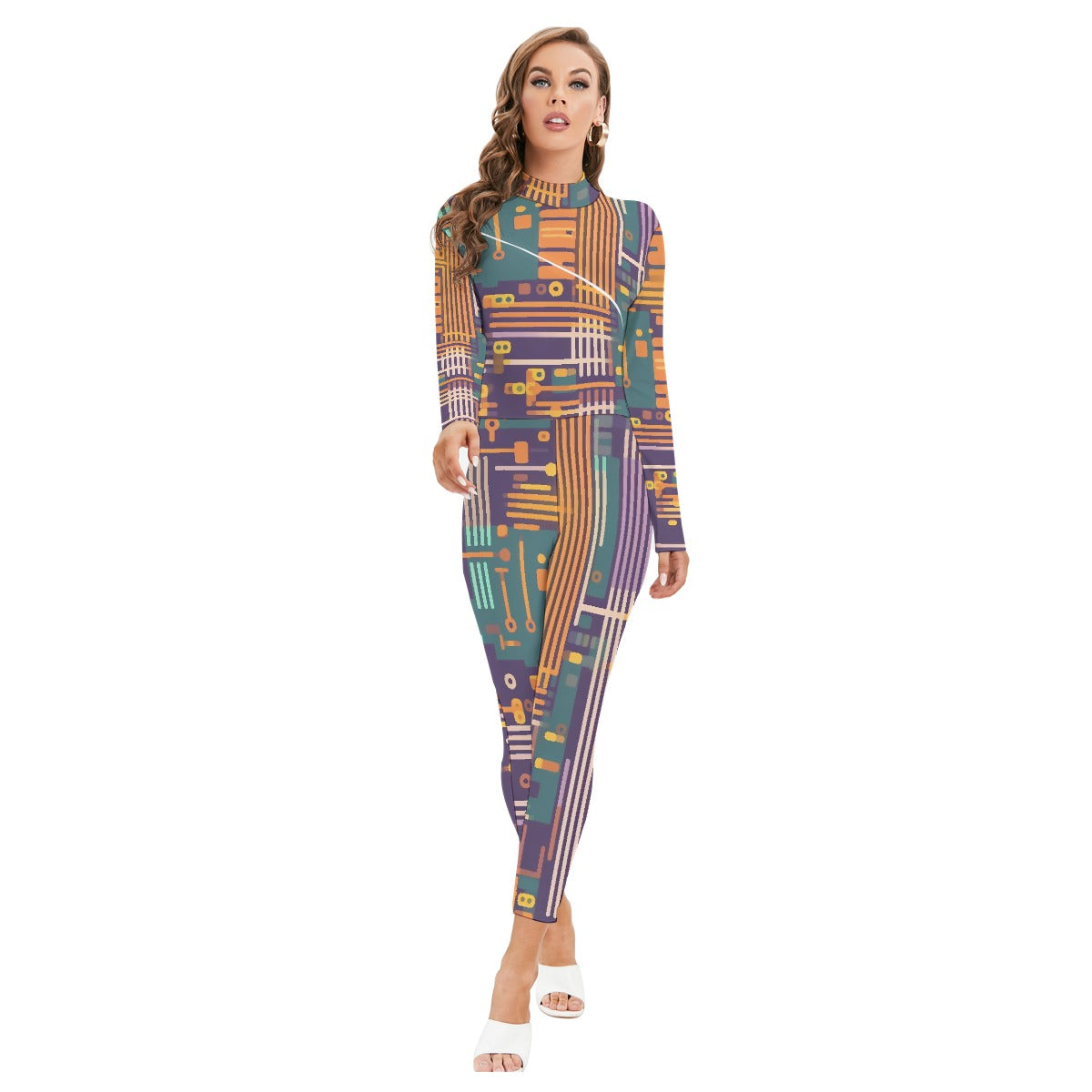 All-Over Print Women's Long-sleeved High-neck Jumpsuit With Zipper