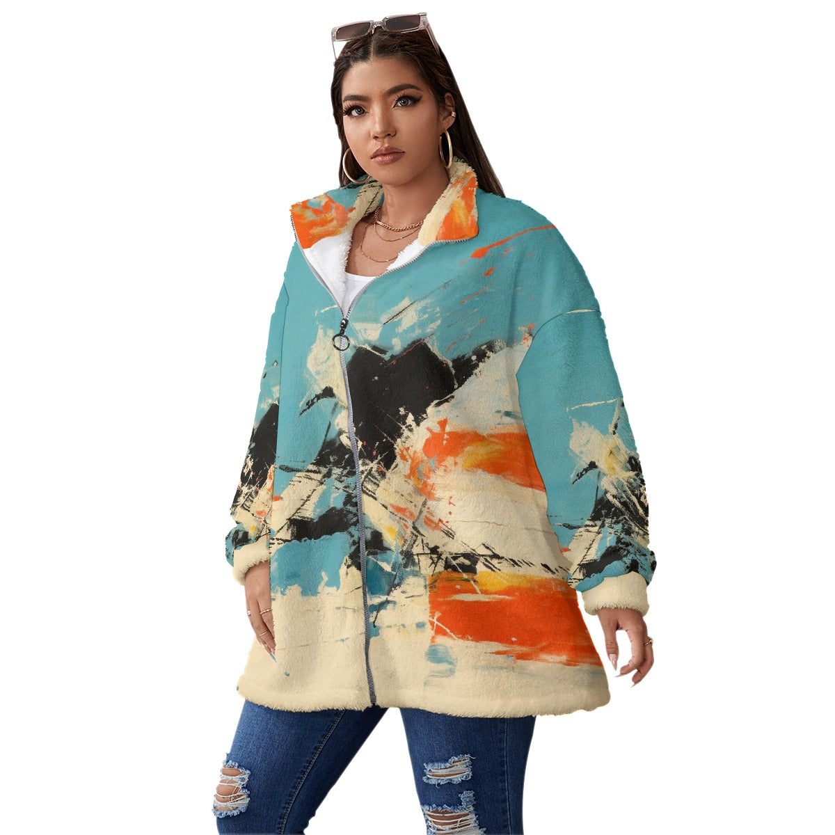 All-Over Print Unisex Borg Fleece Stand-up Collar Coat With Zipper Closure(Plus Size)
