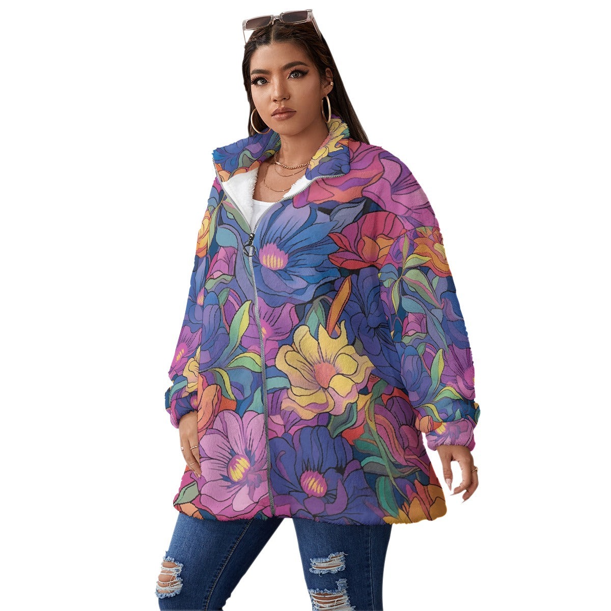 All-Over Print Unisex Borg Fleece Stand-up Collar Coat With Zipper Closure(Plus Size)