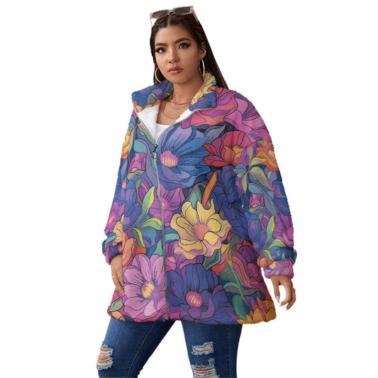 All-Over Print Unisex Borg Fleece Stand-up Collar Coat With Zipper Closure(Plus Size)