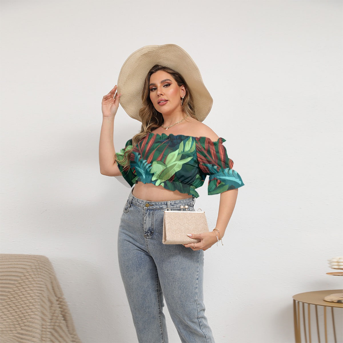 All-Over Print Women's Off-shoulder Cropped Top With Short Puff Sleeve