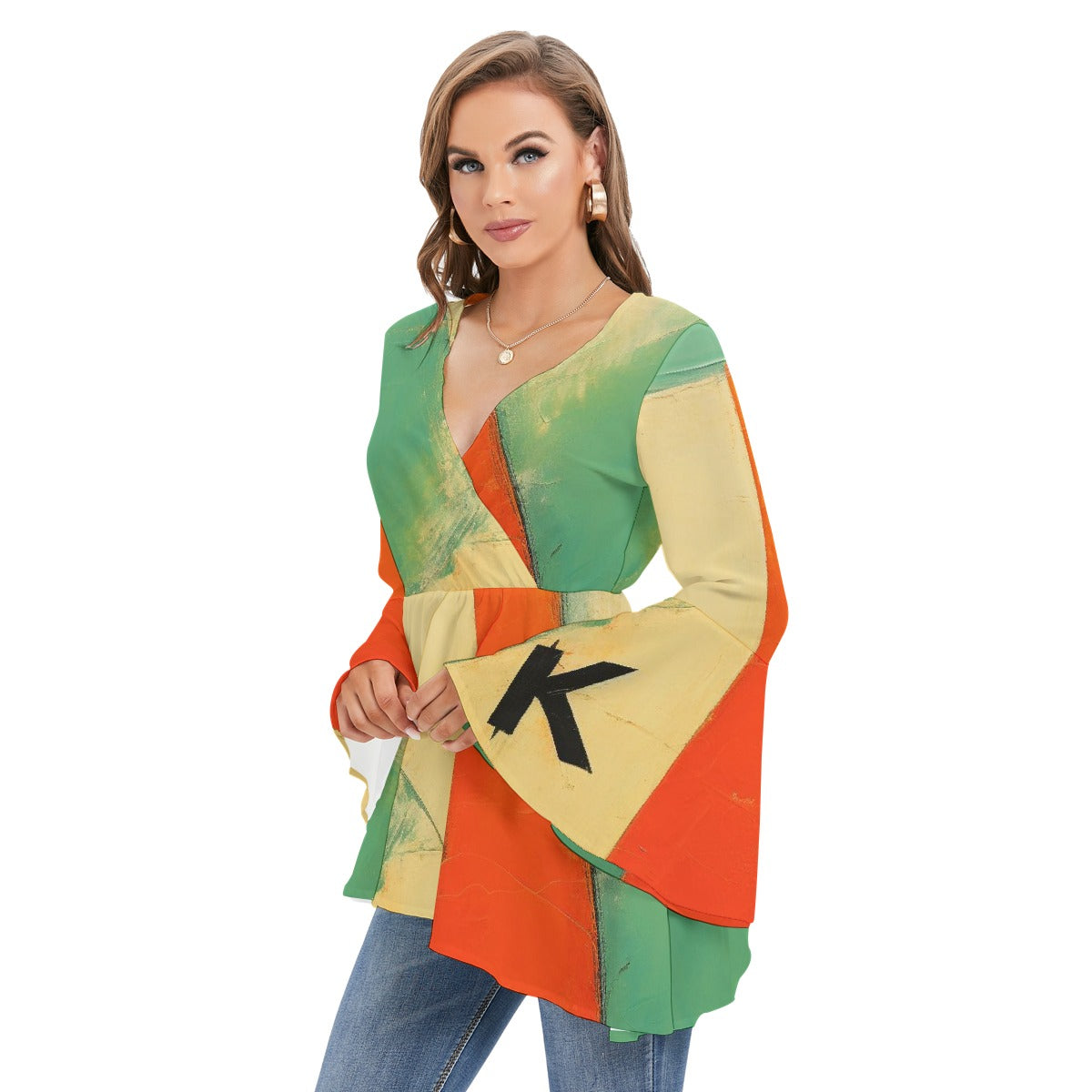 All-Over Print Women's V-neck Blouse With Flared Sleeves