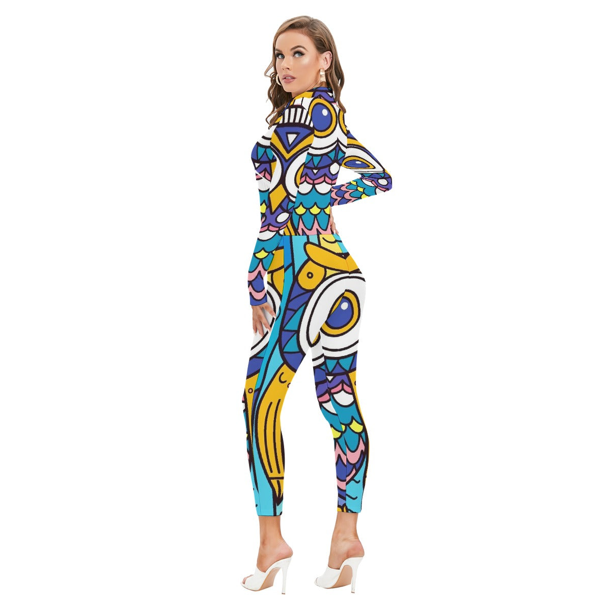 All-Over Print Women's Long-sleeved High-neck Jumpsuit With Zipper
