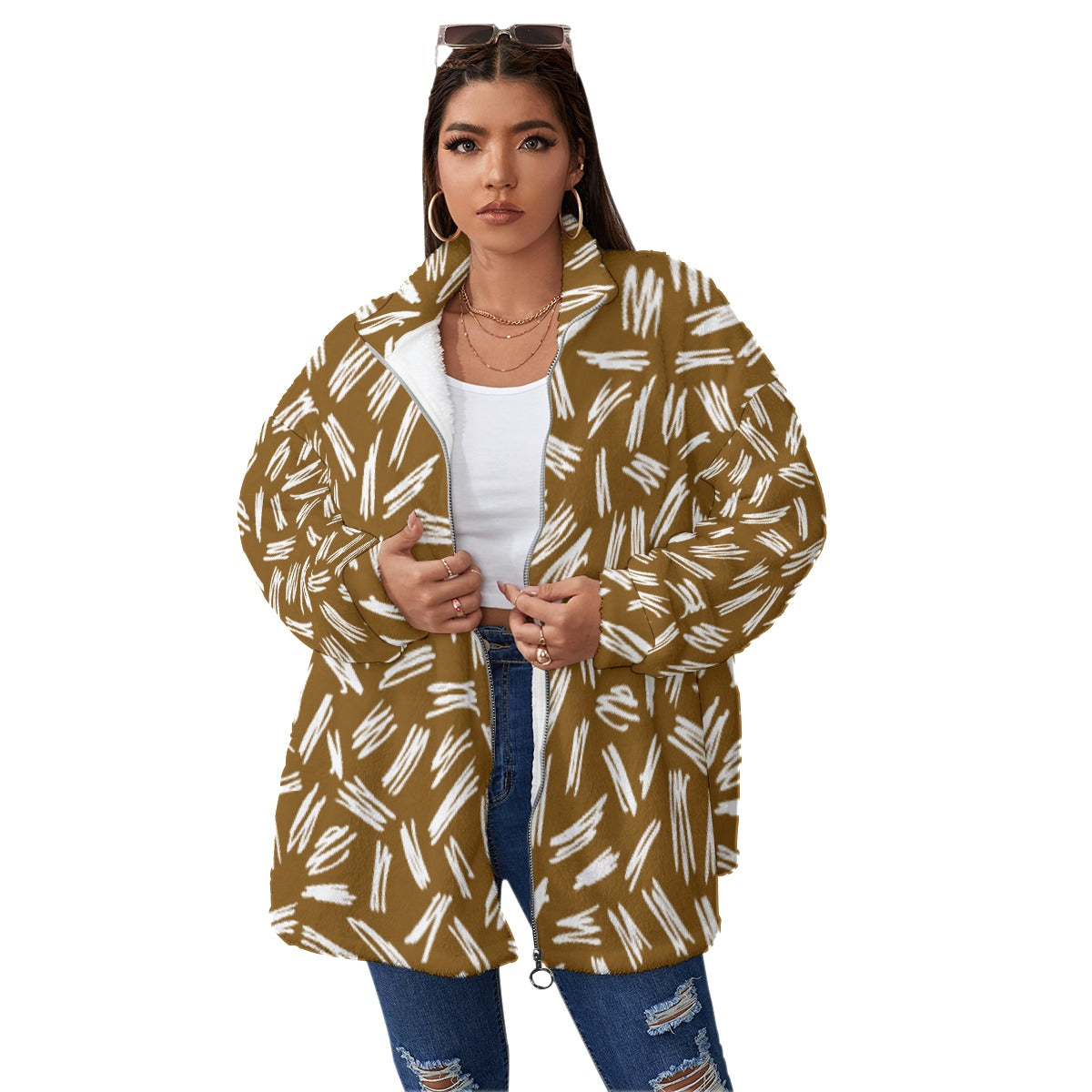 All-Over Print Unisex Borg Fleece Stand-up Collar Coat With Zipper Closure(Plus Size)