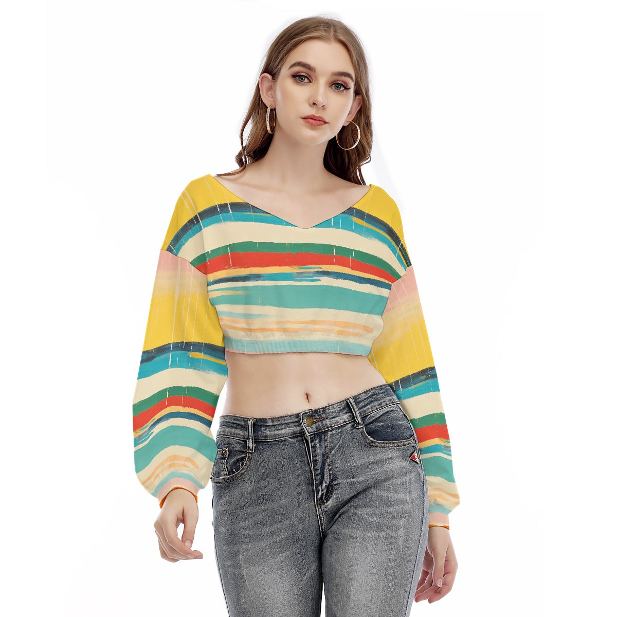 All-Over Print Women's V-neck Long Sleeve Cropped Sweatshirt