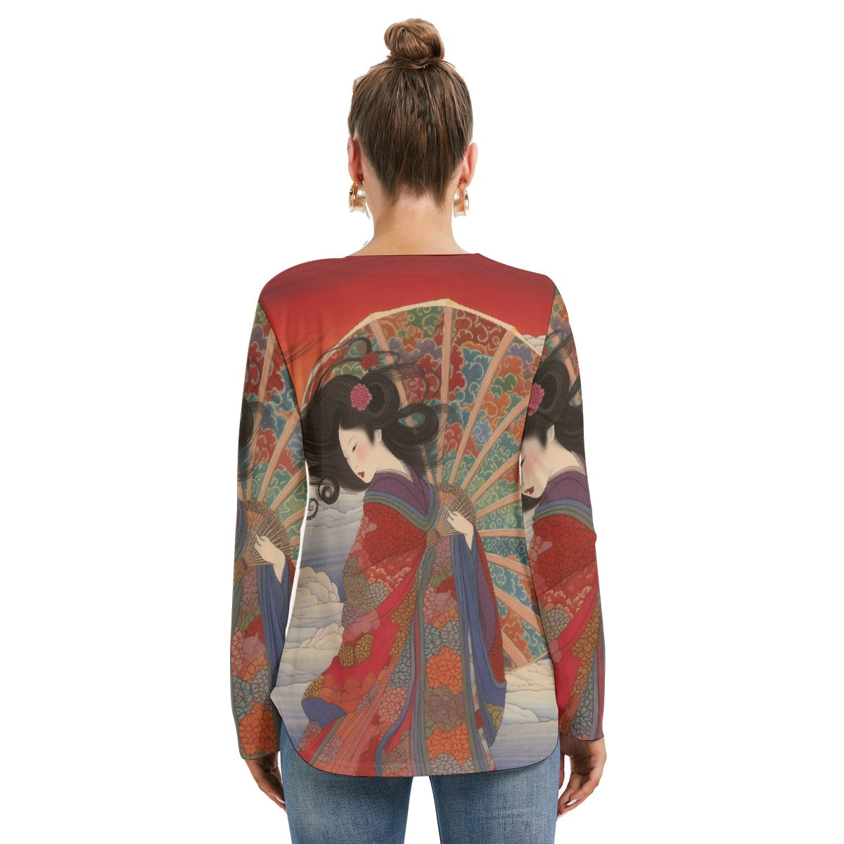 All-Over Print Women's Long Sleeve Neckline Tie Sweatshirt