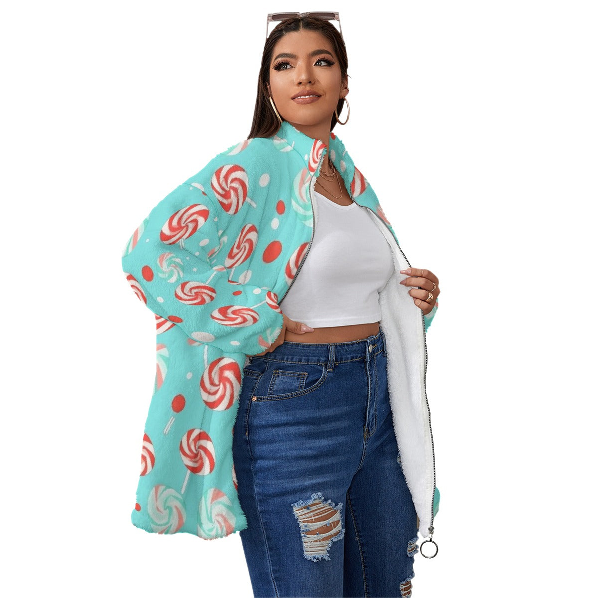 All-Over Print Unisex Borg Fleece Stand-up Collar Coat With Zipper Closure(Plus Size)