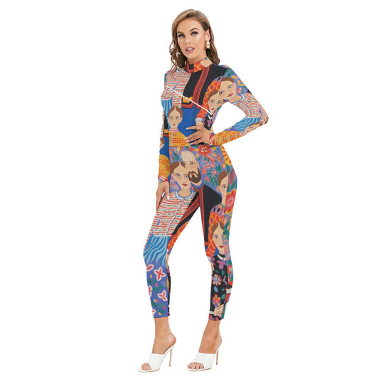 All-Over Print Women's Long-sleeved High-neck Jumpsuit With Zipper