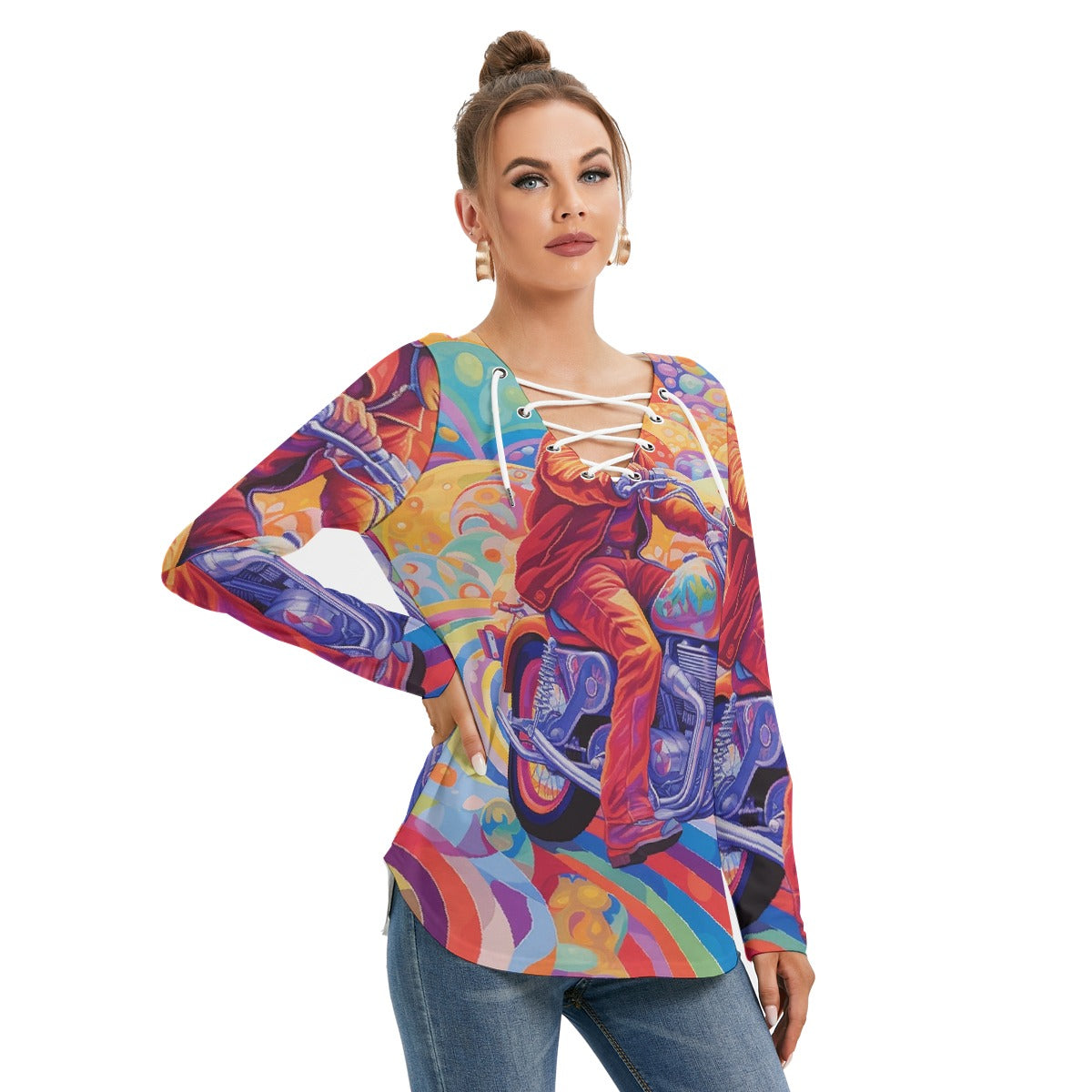 All-Over Print Women's Long Sleeve Neckline Tie Sweatshirt