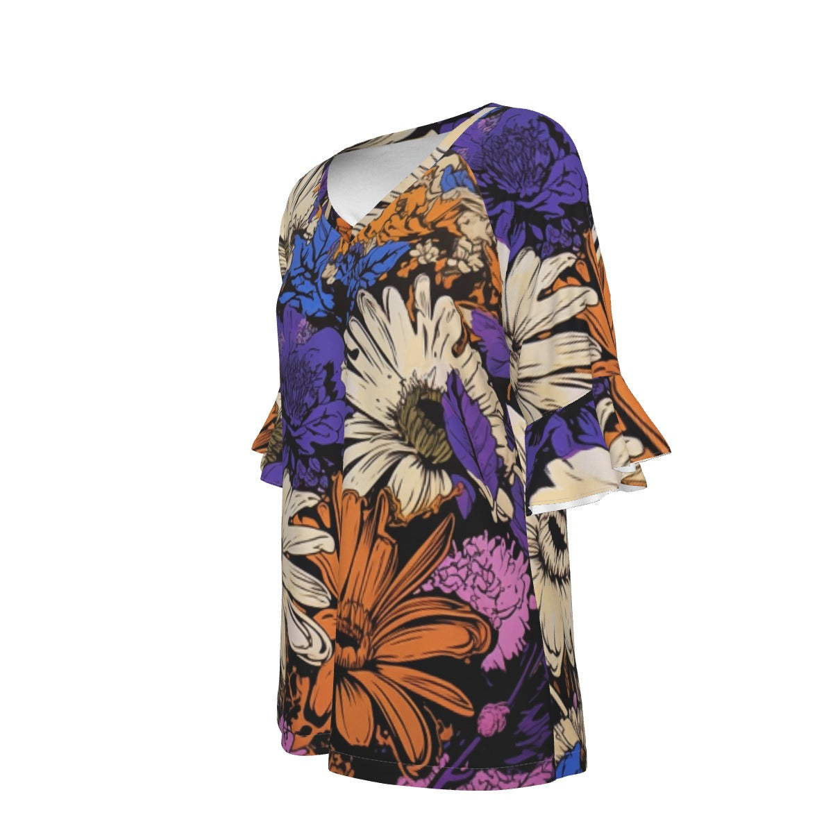 All-Over Print V-neck Women's T-shirt With Bell Sleeve