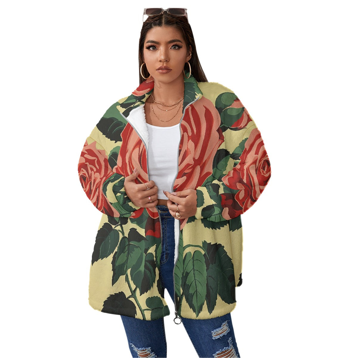 All-Over Print Unisex Borg Fleece Stand-up Collar Coat With Zipper Closure(Plus Size)