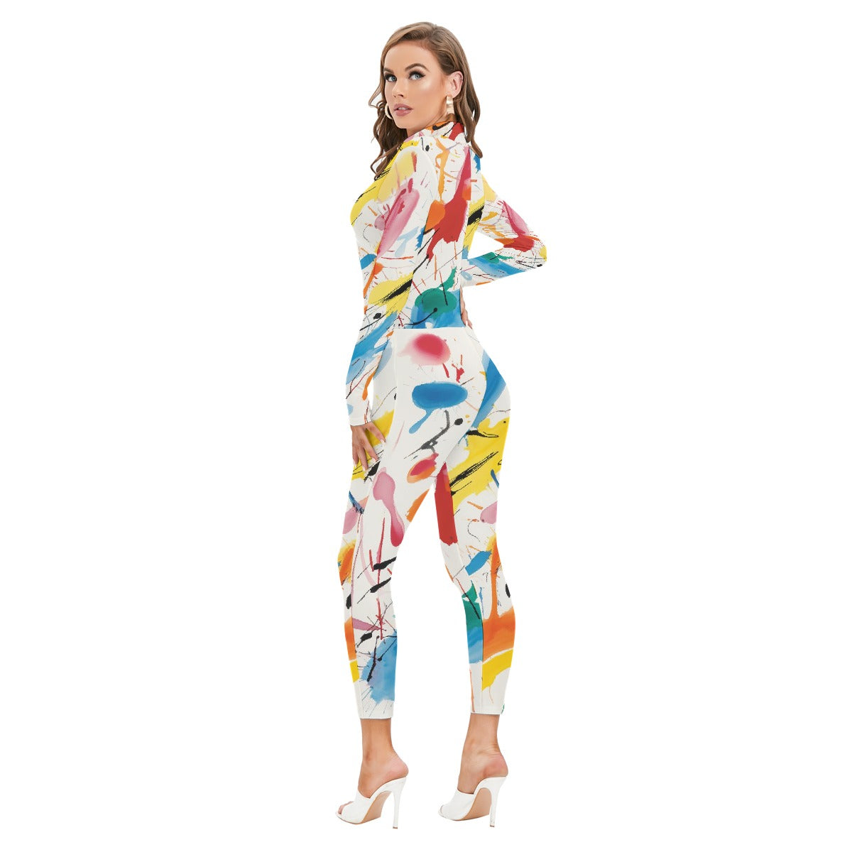 All-Over Print Women's Long-sleeved High-neck Jumpsuit With Zipper
