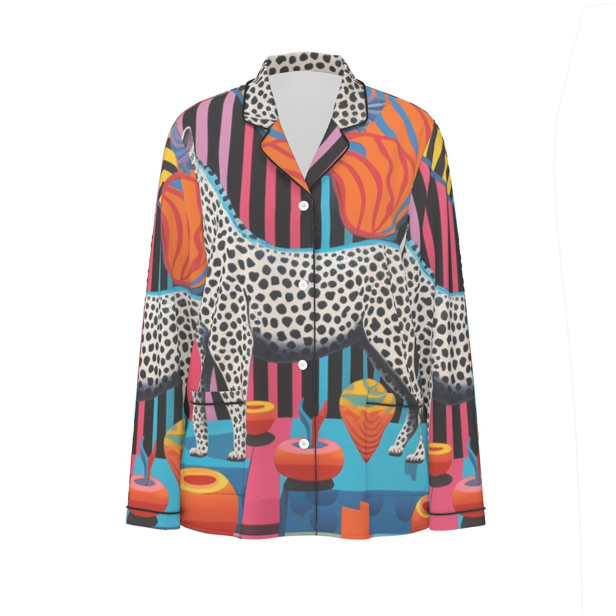 All-Over Print Women's Long Sleeve Pajama Set With Black Contrast Piping