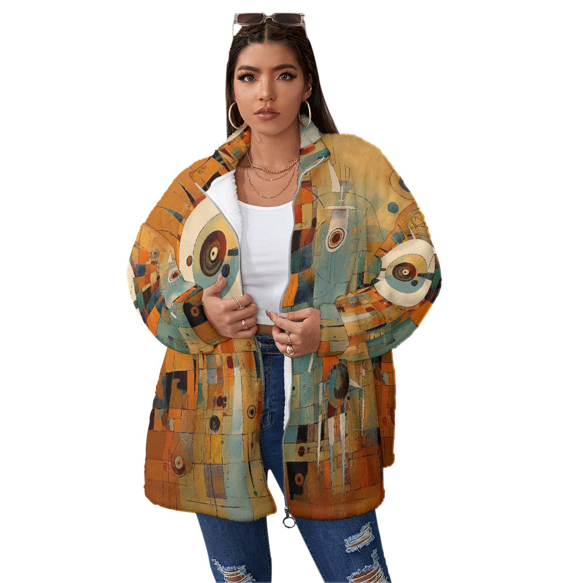 All-Over Print Unisex Borg Fleece Stand-up Collar Coat With Zipper Closure(Plus Size)