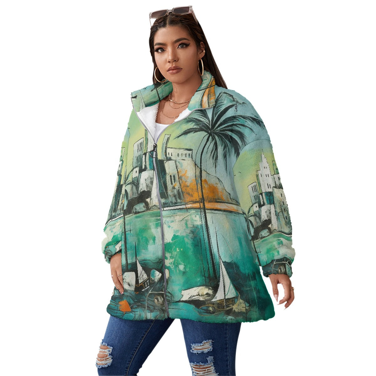 All-Over Print Unisex Borg Fleece Stand-up Collar Coat With Zipper Closure(Plus Size)