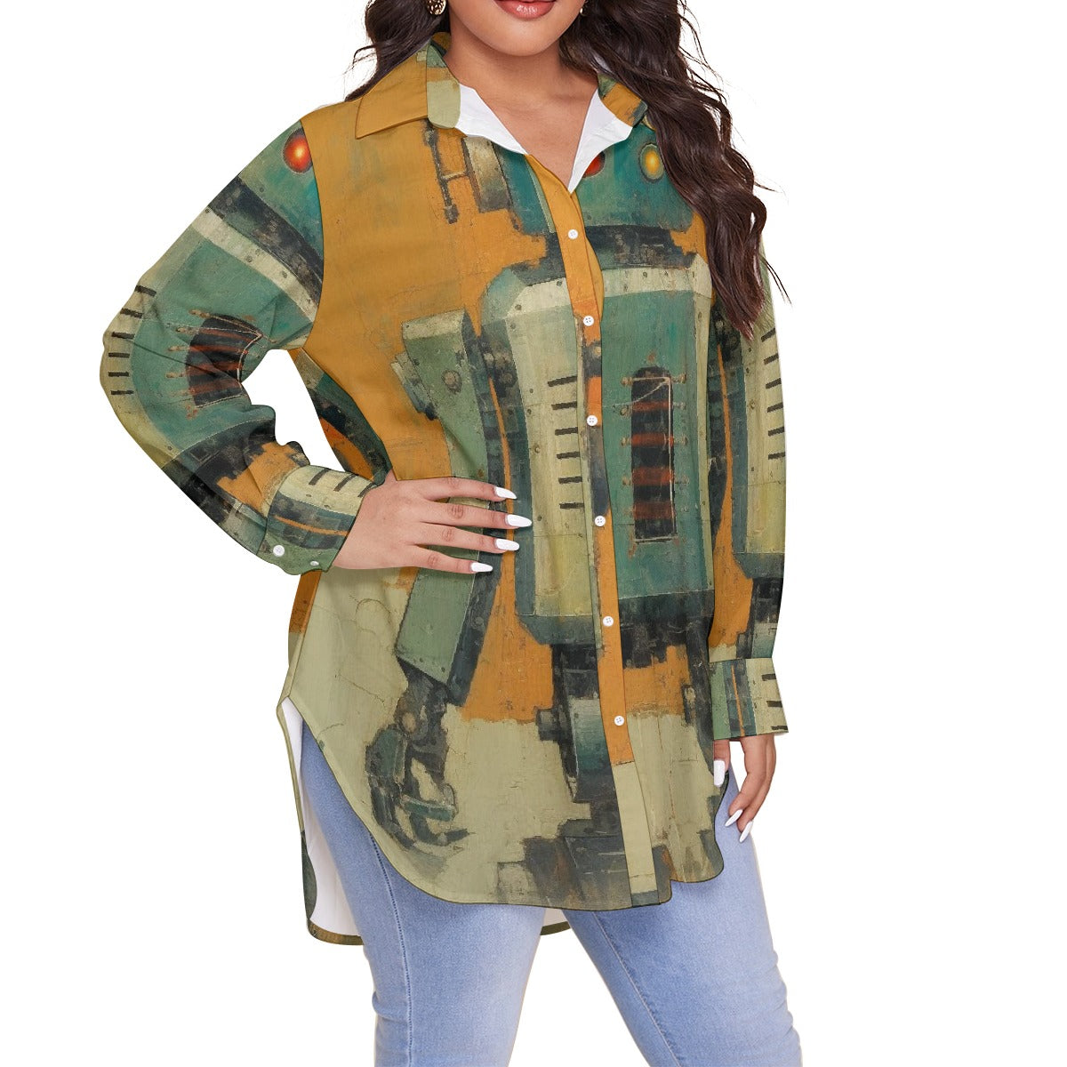 All-Over Print Women's Shirt With Long Sleeve(Plus Size)
