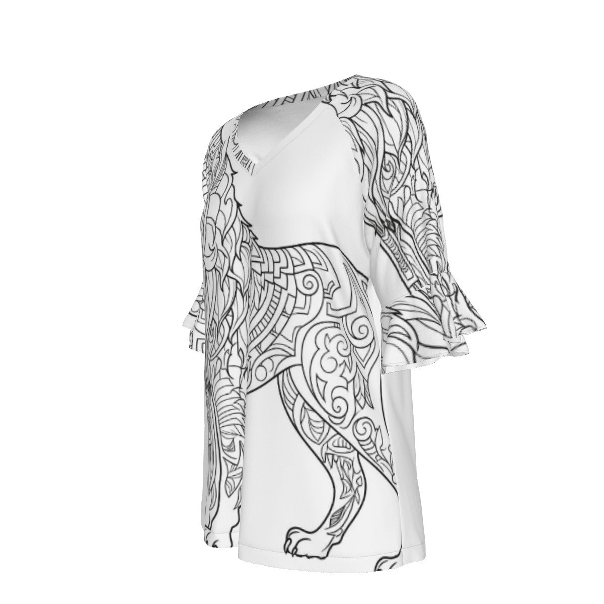 All-Over Print V-neck Women's T-shirt With Bell Sleeve