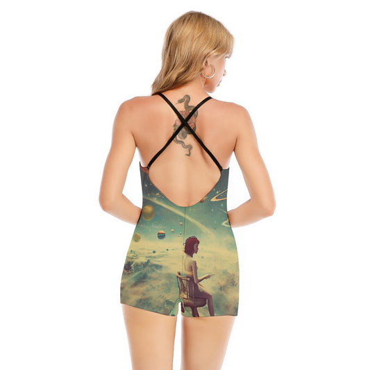 All-Over Print Women's Backless Romper With Black Straps