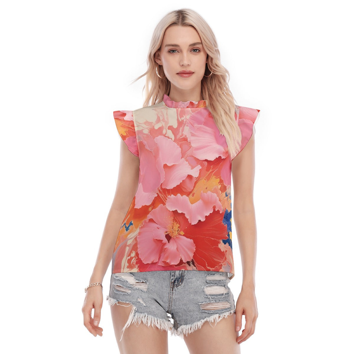 All-Over Print Women's Blouse With Ruffle Collar And Sleeve