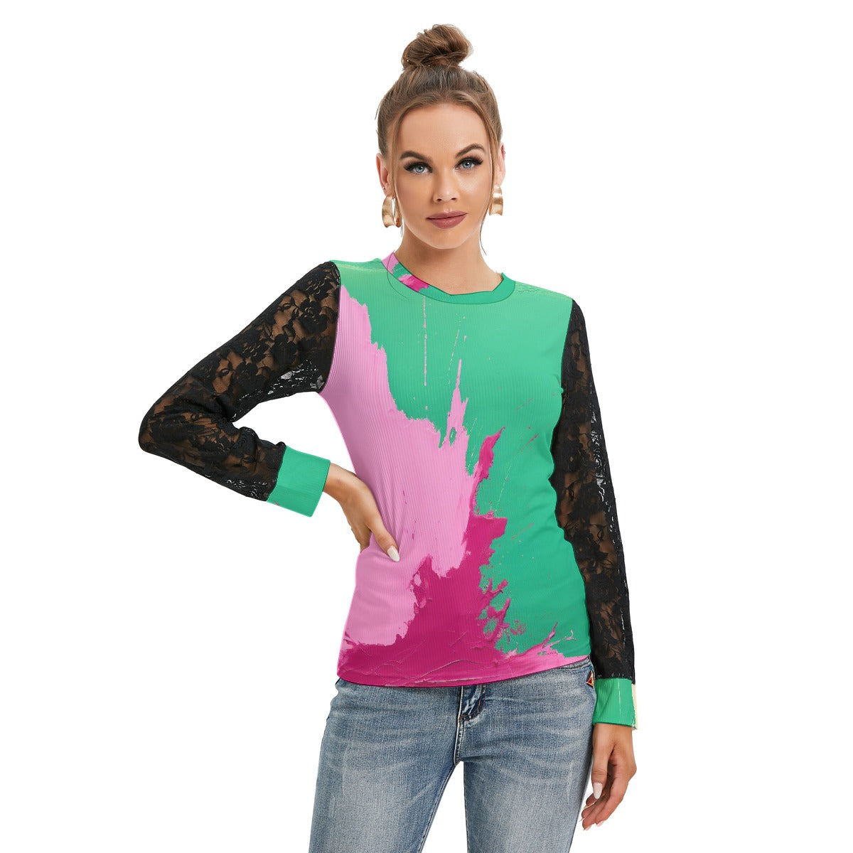 All-Over Print Women's T-shirt And Sleeve With Black Lace