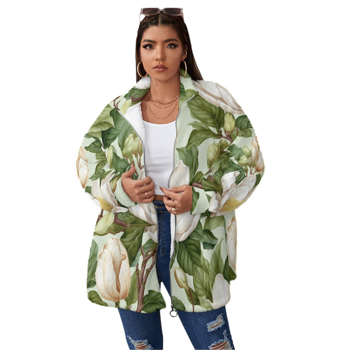 All-Over Print Unisex Borg Fleece Stand-up Collar Coat With Zipper Closure(Plus Size)