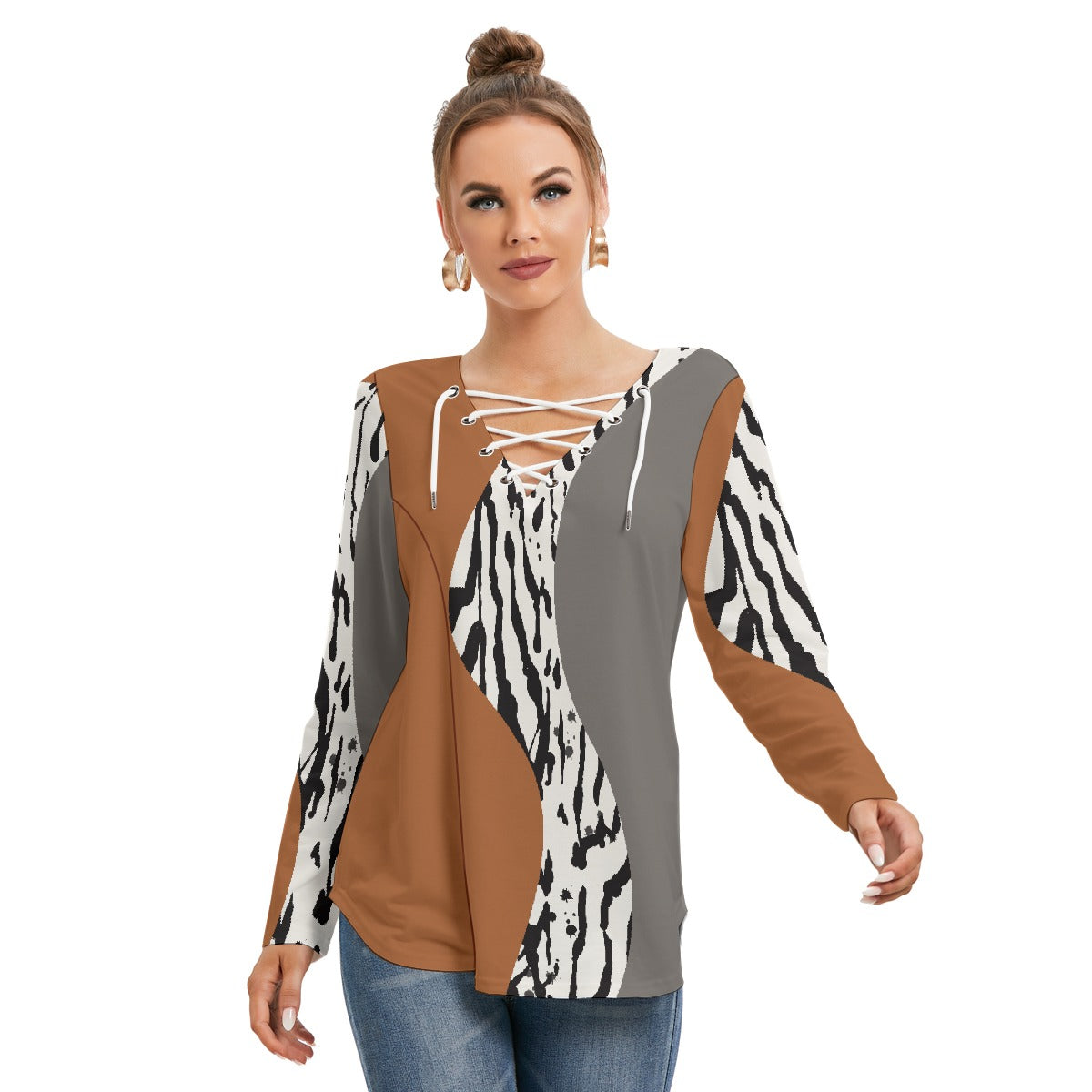 All-Over Print Women's Long Sleeve Neckline Tie Sweatshirt