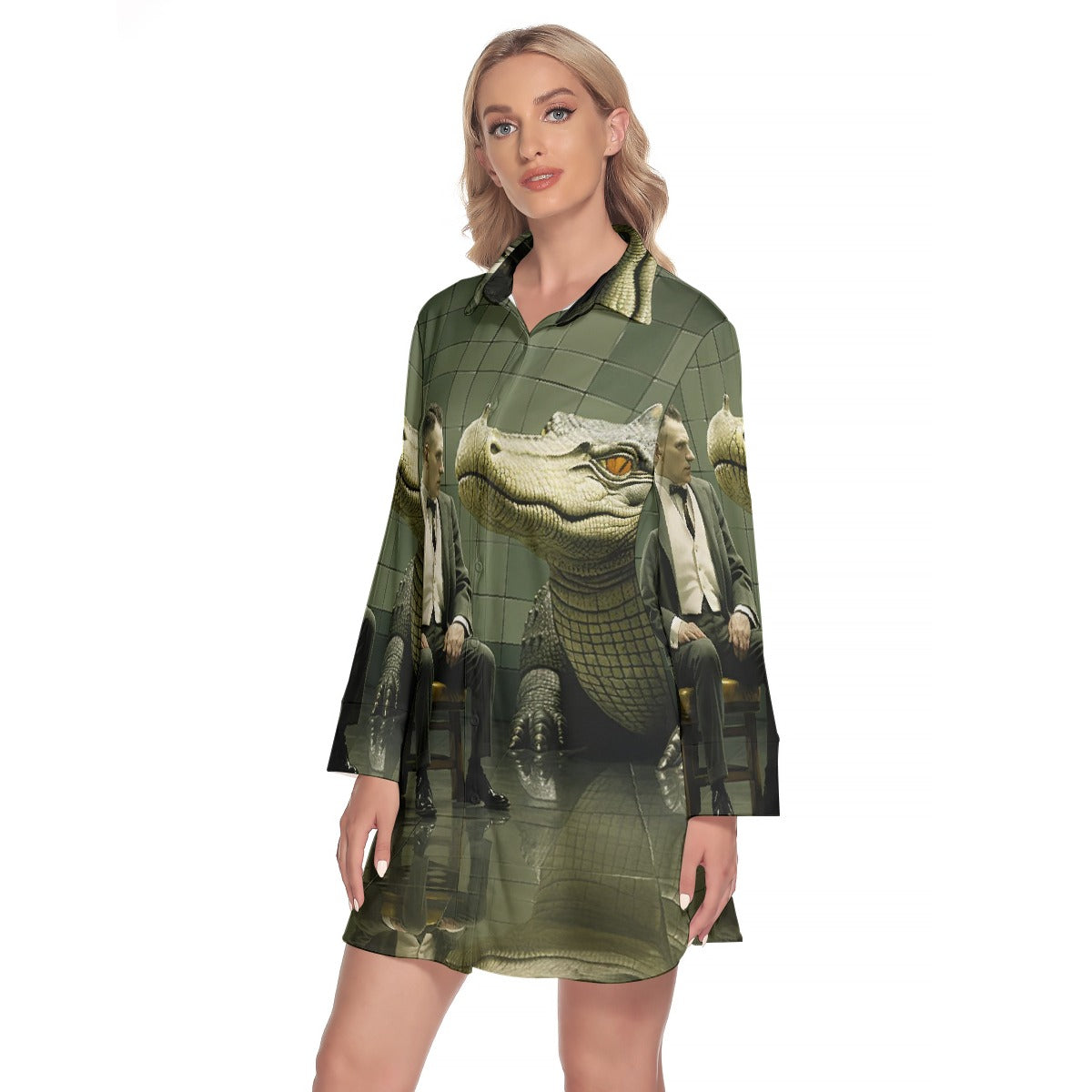 All-Over Print Women's Lapel Shirt Dress With Long Sleeve