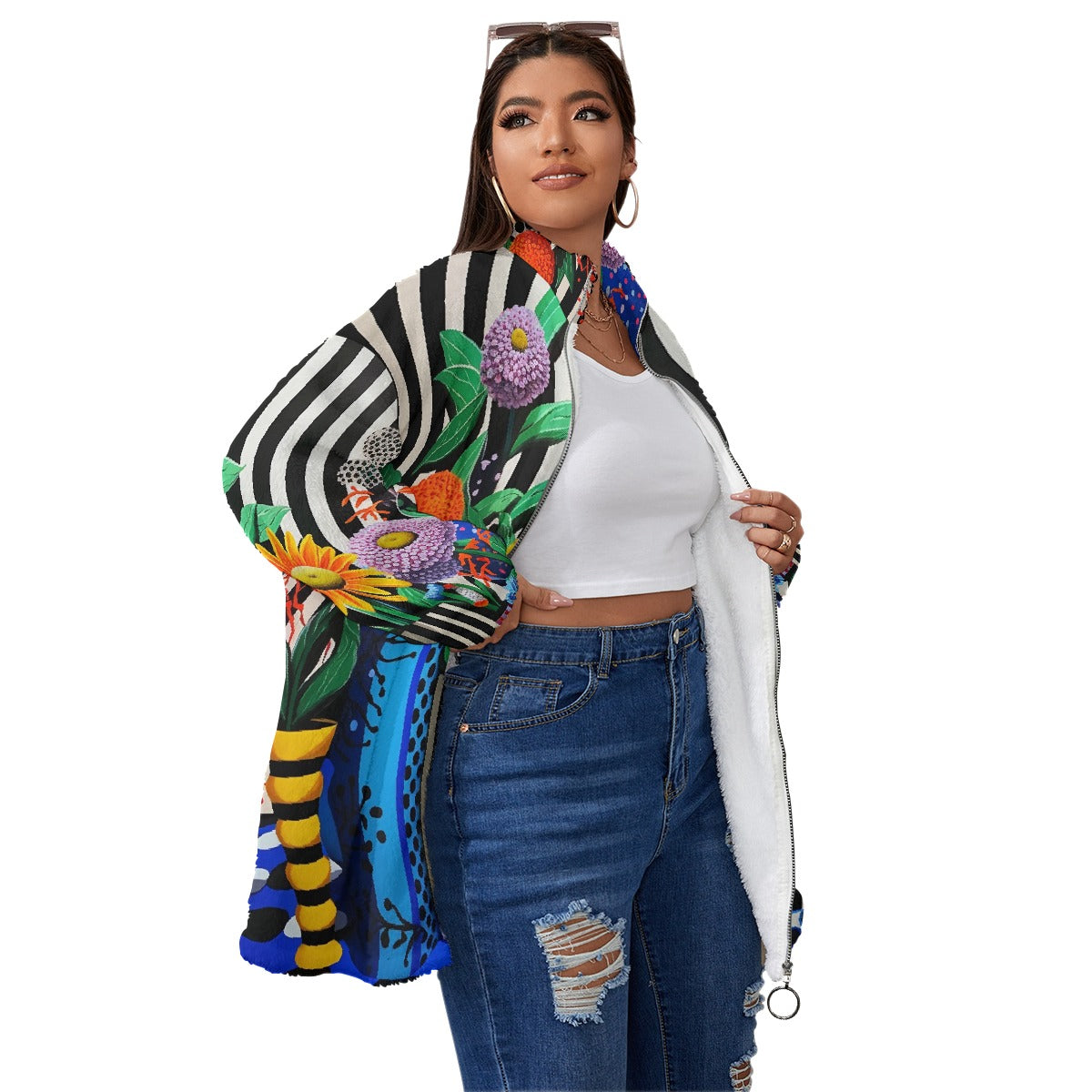 All-Over Print Unisex Borg Fleece Stand-up Collar Coat With Zipper Closure(Plus Size)