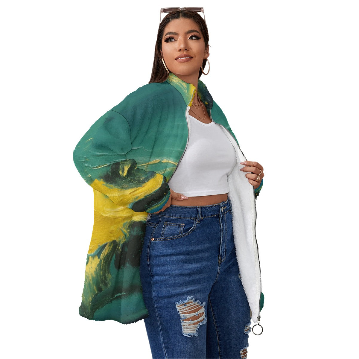 All-Over Print Unisex Borg Fleece Stand-up Collar Coat With Zipper Closure(Plus Size)