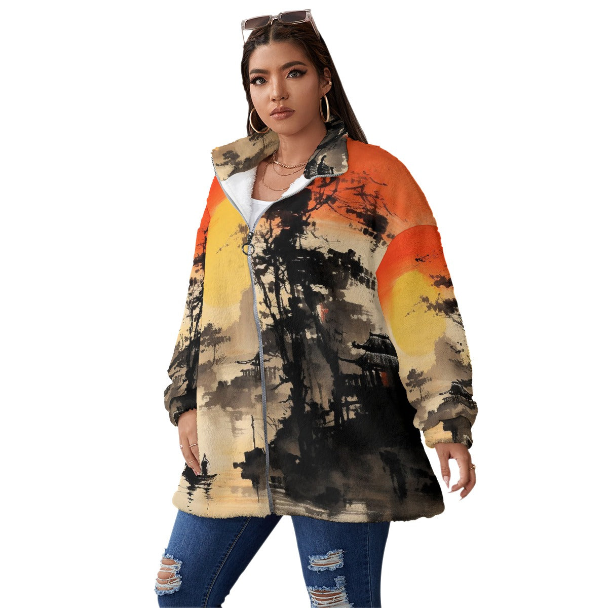 All-Over Print Unisex Borg Fleece Stand-up Collar Coat With Zipper Closure(Plus Size)