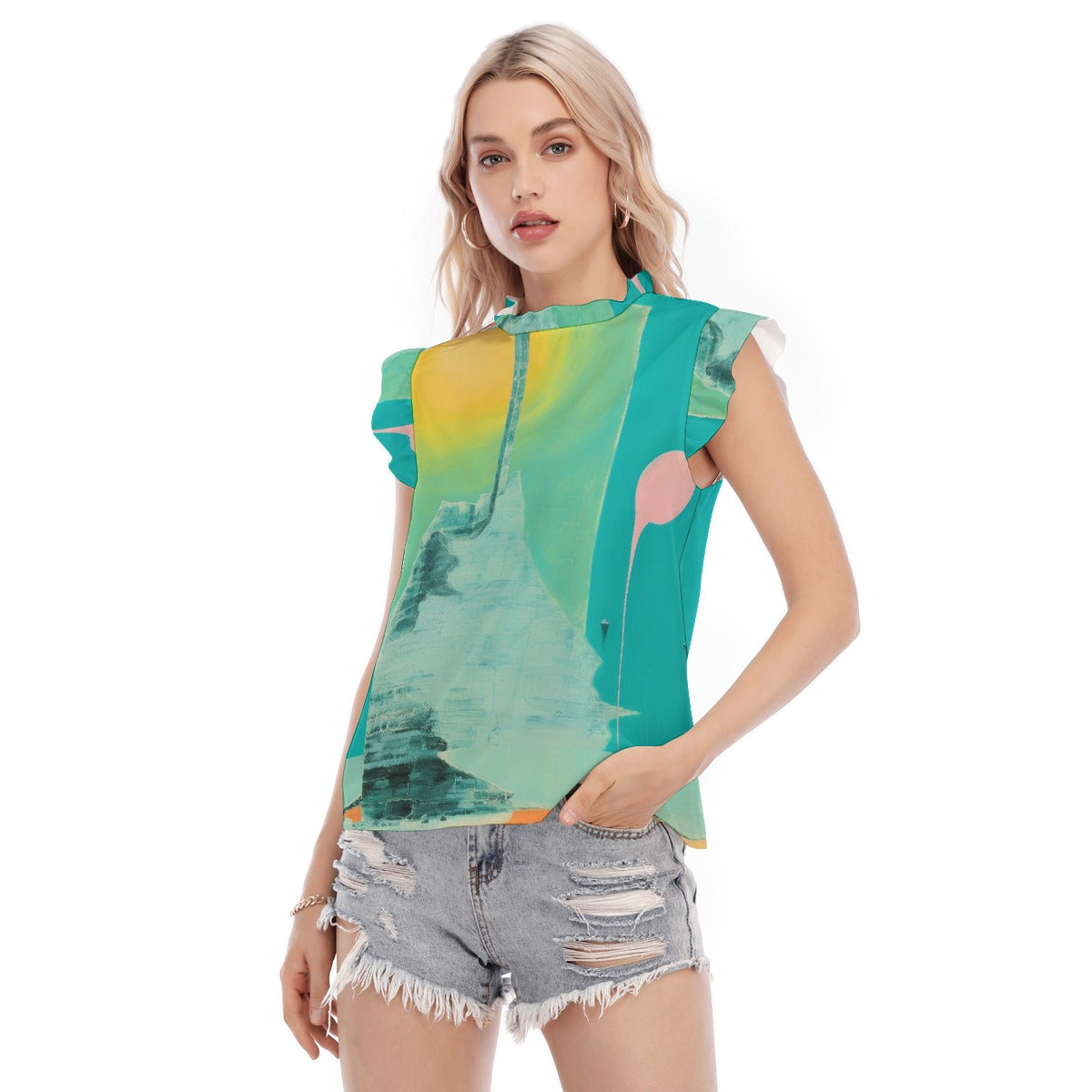 All-Over Print Women's Blouse With Ruffle Collar And Sleeve