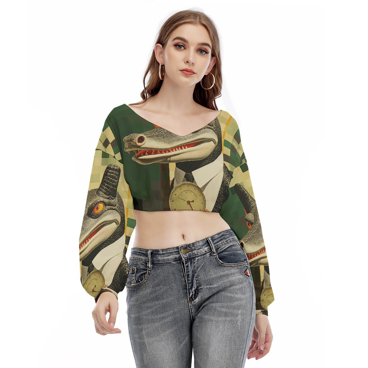 All-Over Print Women's V-neck Long Sleeve Cropped Sweatshirt