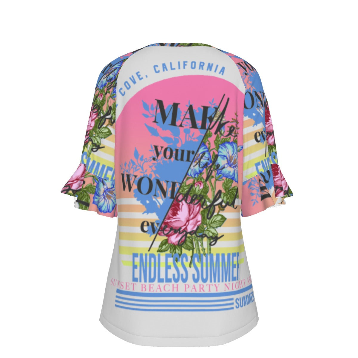 All-Over Print V-neck Women's T-shirt With Bell Sleeve