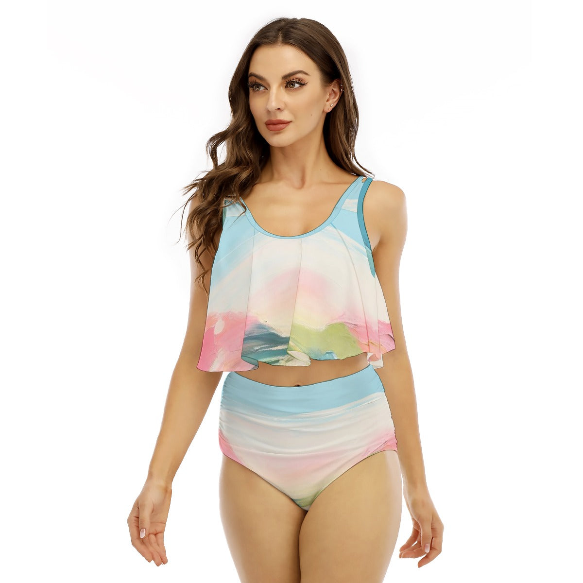 All-Over Print Women's Ruffled Vest Bikini Swimsuit