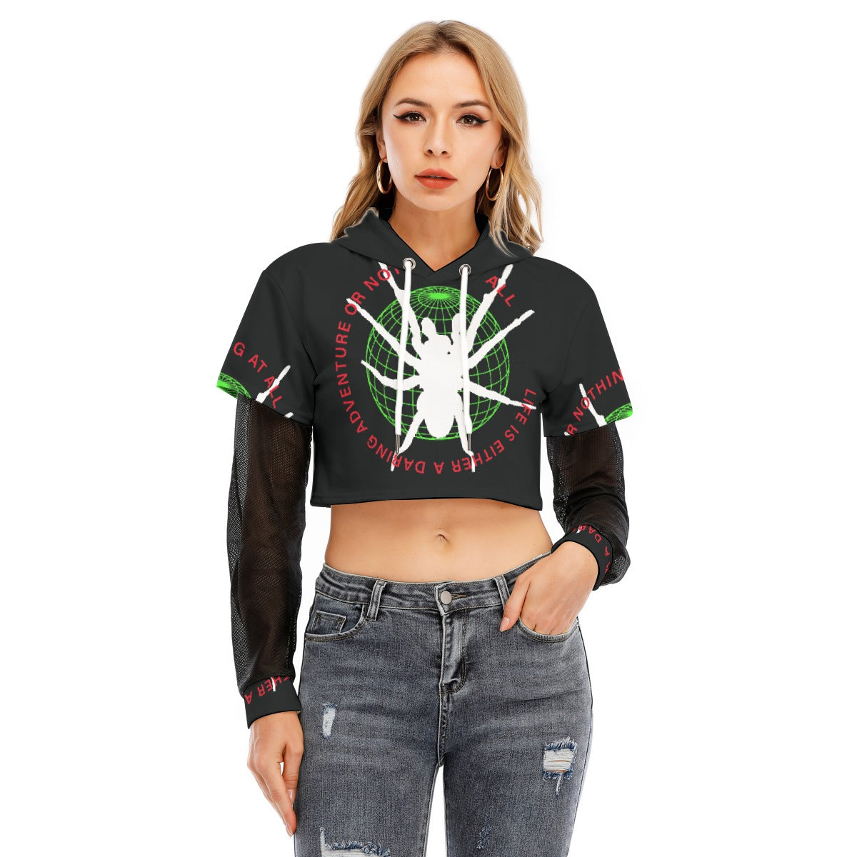 All-Over Print Women's Fake Two-piece Mesh Sleeve Cropped Hoodie