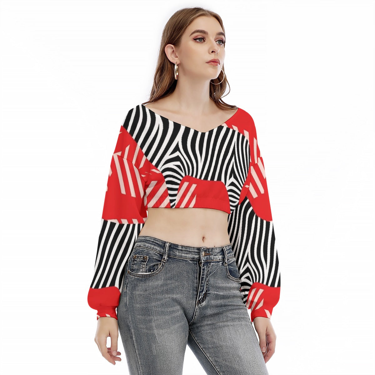 All-Over Print Women's V-neck Long Sleeve Cropped Sweatshirt