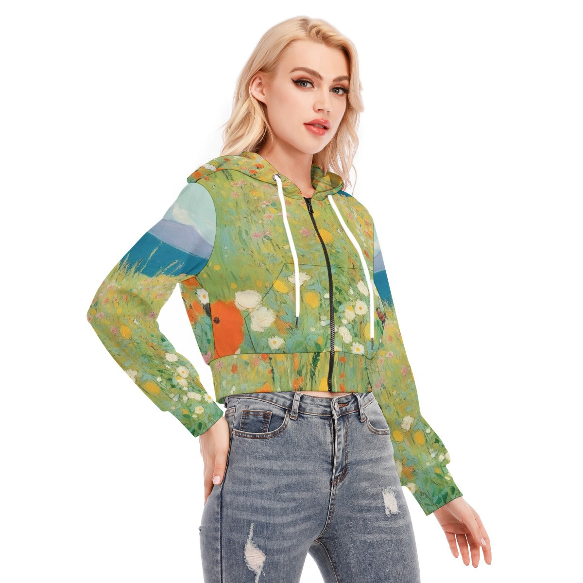 All-Over Print Women's Crop Top Hoodie With Zipper Closure