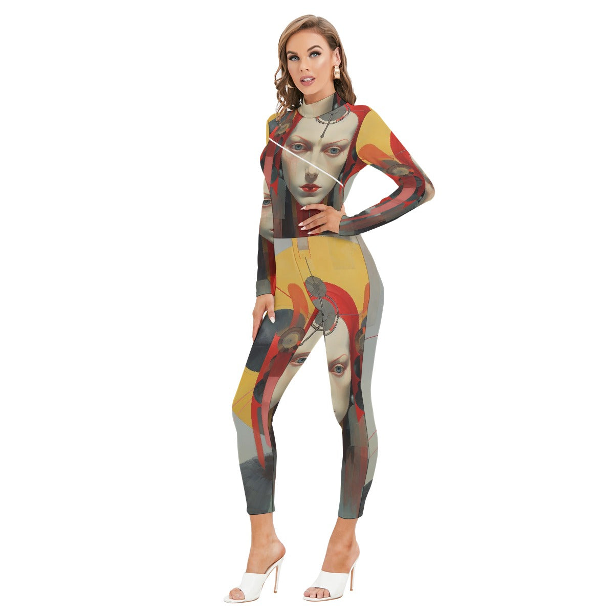 All-Over Print Women's Long-sleeved High-neck Jumpsuit With Zipper